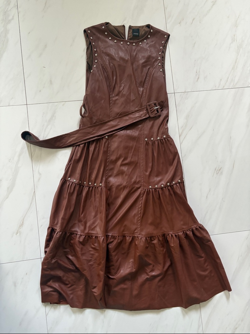 Pinko Brown Faux-Leather Maxi Dress with Studded Trim